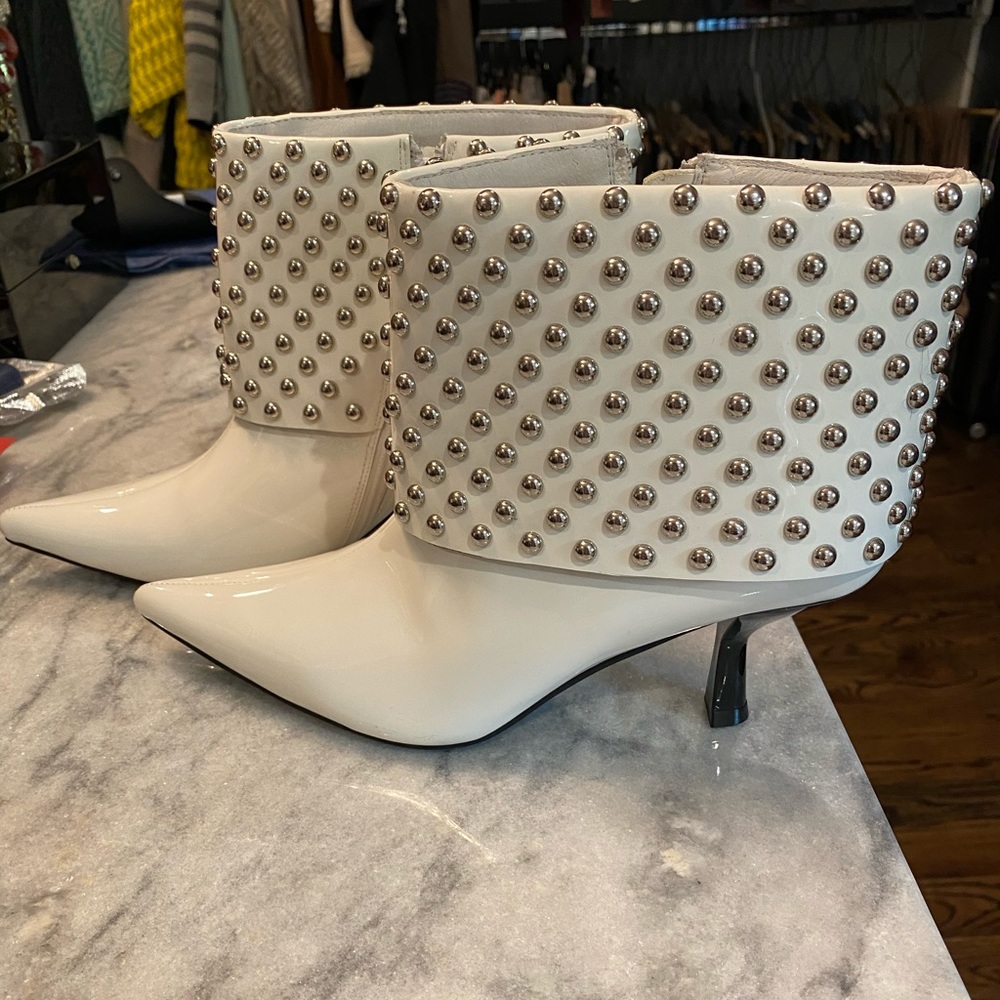 New Jeffrey Campbell white patent studded boots